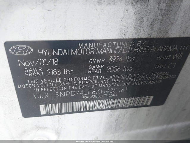 5NPD74LF8KH428361 Hyundai ELANTRA SE