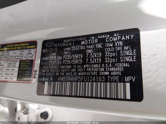 Продажа на аукционе авто 2015 Hyundai Santa Fe Gls, vin: KM8SR4HF5FU124163, номер лота: 45624942