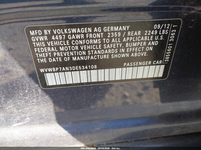 2013 Volkswagen Cc 2.0t Sport Plus მანქანა იყიდება აუქციონზე, vin: WVWBP7AN3DE534108, აუქციონის ნომერი: 45624944