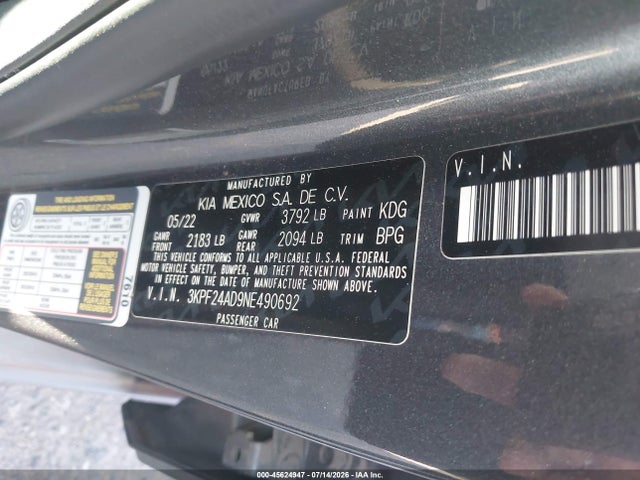 45624947 :رقم المزاد ، 3KPF24AD9NE490692 vin ، 2022 Kia Forte Lxs مزاد بيع
