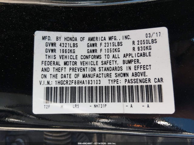 1HGCR2F88HA183103 Honda Accord Ex-l