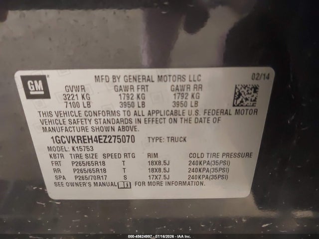 2014 Chevrolet Silverado 1500 Lt მანქანა იყიდება აუქციონზე, vin: 1GCVKREH4EZ275070, აუქციონის ნომერი: 45624997