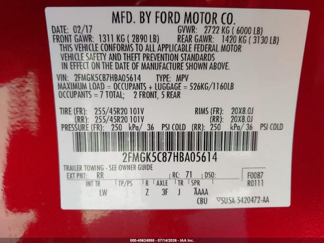2FMGK5C87HBA05614 Ford FLEX SEL