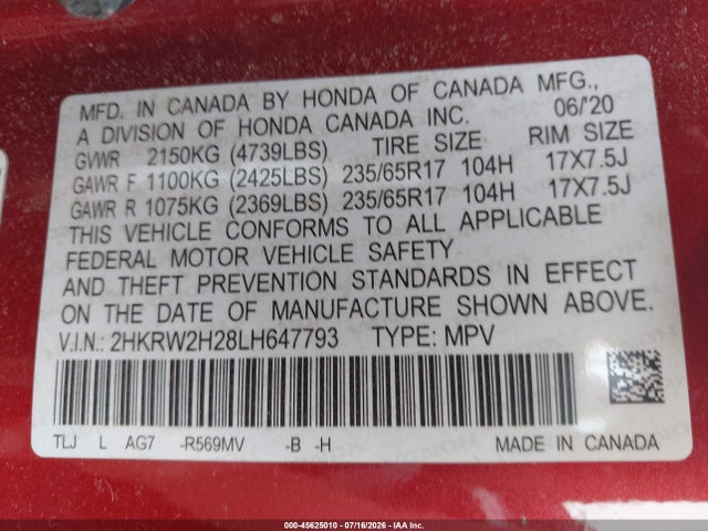 2020 Honda Cr-v Awd Lx მანქანა იყიდება აუქციონზე, vin: 2HKRW2H28LH647793, აუქციონის ნომერი: 45625010
