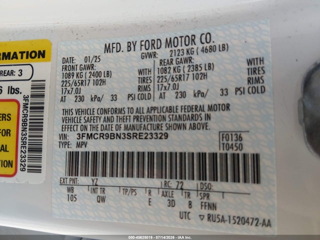45625019 :رقم المزاد ، 3FMCR9BN3SRE23329 vin ، 2025 Ford Bronco Sport Big Bend مزاد بيع