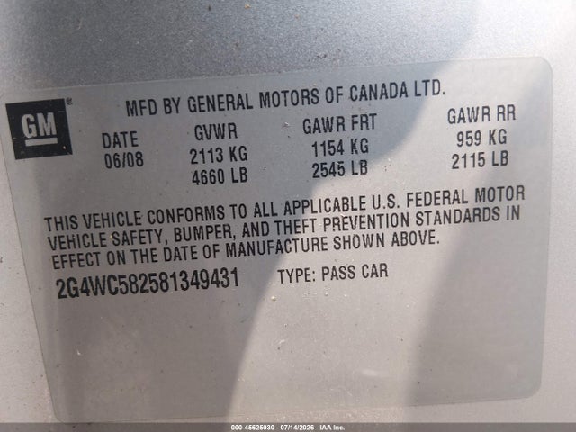 Aukcja sprzedaży 2008 Buick Lacrosse Cx, vin: 2G4WC582581349431, numer aukcji: 45625030