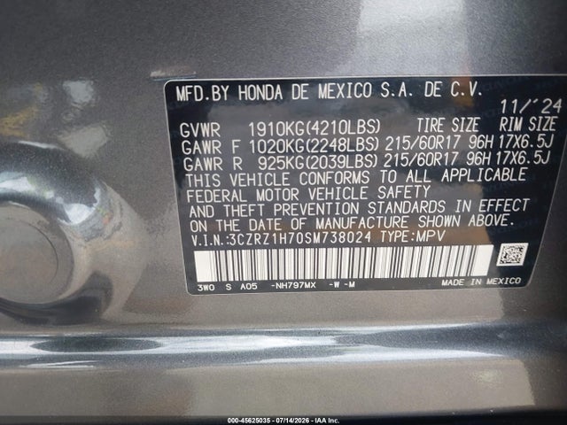 Продажа на аукционе авто 2025 Honda Hr-v 2wd Ex-l, vin: 3CZRZ1H70SM738024, номер лота: 45625035