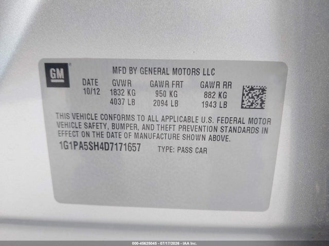 2013 Chevrolet Cruze Ls Auto მანქანა იყიდება აუქციონზე, vin: 1G1PA5SH4D7171657, აუქციონის ნომერი: 45625045