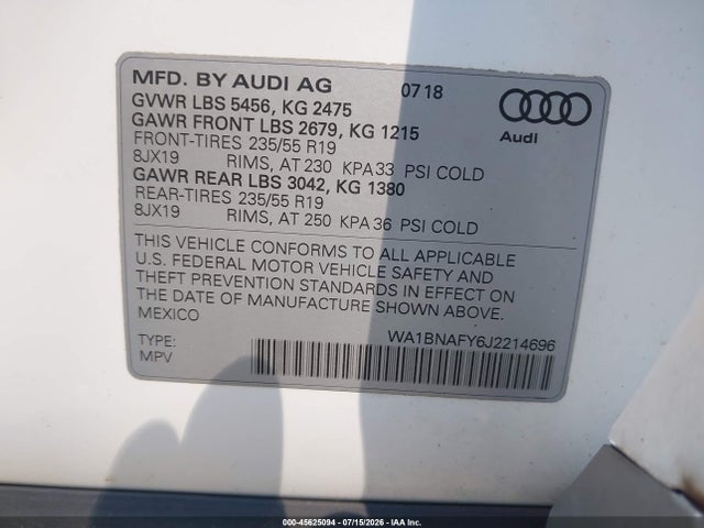 Aukcja sprzedaży 2018 Audi Q5 2.0t Premium/2.0t Tech Premium, vin: WA1BNAFY6J2214696, numer aukcji: 45625094