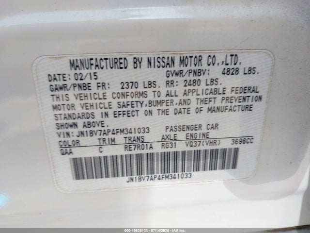 Aukcja sprzedaży 2015 Infiniti Q50 Premium, vin: JN1BV7AP4FM341033, numer aukcji: 45625104