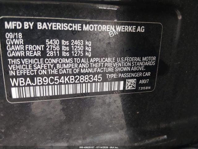 45625107 :رقم المزاد ، WBAJB9C54KB288345 vin ، 2019 Bmw M550i Xdrive مزاد بيع