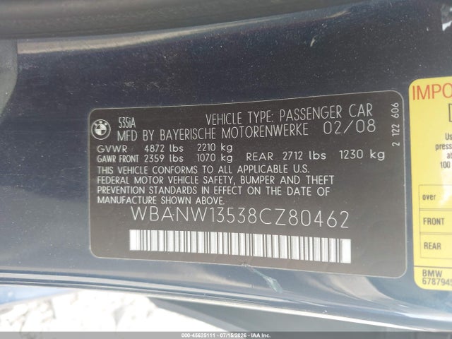 2008 Bmw 535i მანქანა იყიდება აუქციონზე, vin: WBANW13538CZ80462, აუქციონის ნომერი: 45625111
