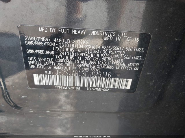 45625136 :رقم المزاد ، JF2SJARC3FH829116 vin ، 2015 Subaru Forester 2.5i Limited مزاد بيع