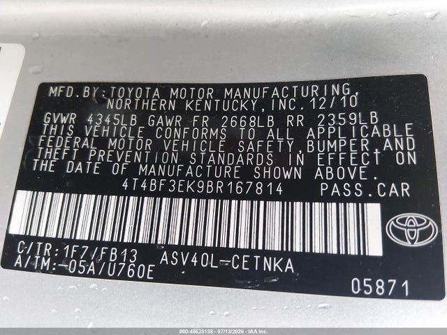 Продажа на аукционе авто 2011 Toyota Camry Le, vin: 4T4BF3EK9BR167814, номер лота: 45625138