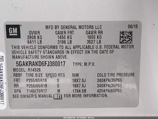 Buick Enclave Convenience 2015 5GAKRAKD6FJ380017 Image 9