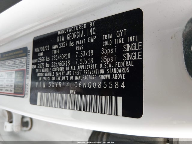 Продажа на аукционе авто 2022 Kia Sorento S, vin: 5XYRL4LC6NG085584, номер лота: 45625150