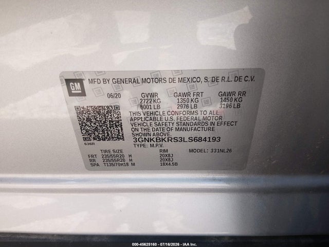 45625160 :رقم المزاد ، 3GNKBKRS3LS684193 vin ، 2020 Chevrolet Blazer Awd Rs مزاد بيع