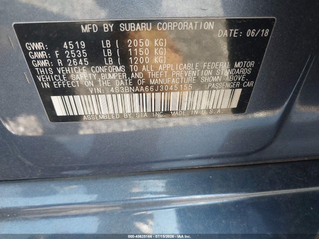 2018 Subaru Legacy 2.5i მანქანა იყიდება აუქციონზე, vin: 4S3BNAA66J3045155, აუქციონის ნომერი: 45625166