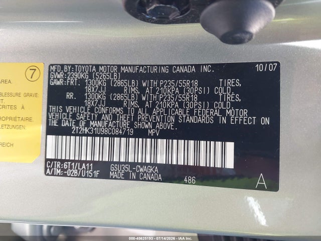 45625193 :رقم المزاد ، 2T2HK31U98C084719 vin ، 2008 Lexus Rx 350 مزاد بيع