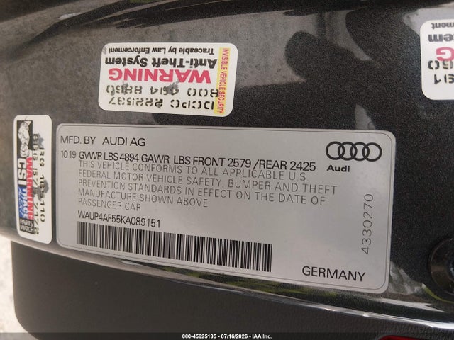 45625195 :رقم المزاد ، WAUP4AF55KA089151 vin ، 2019 Audi S5 3.0t Premium مزاد بيع