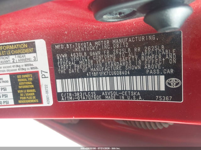 Aukcja sprzedaży 2012 Toyota Camry Se, vin: 4T1BF1FK7CU608404, numer aukcji: 45625198