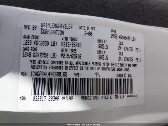 Продаж на аукціоні авто 2000 Chrysler Town & Country Limited, vin: 1C4GP64L4YB688165, номер лоту: 45625209