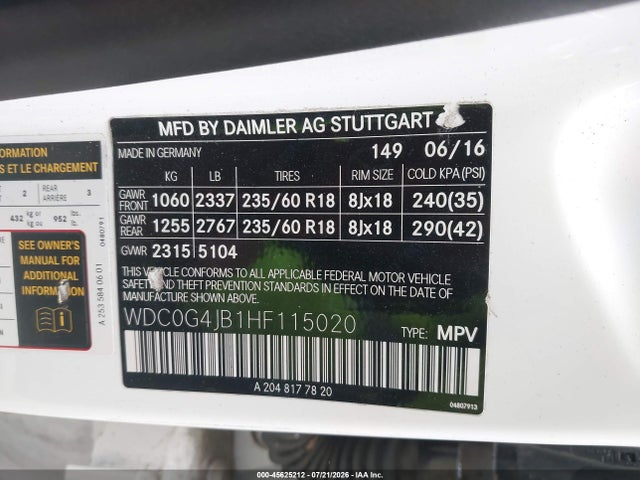 45625212 :رقم المزاد ، WDC0G4JB1HF115020 vin ، 2017 Mercedes-benz Glc 300 مزاد بيع