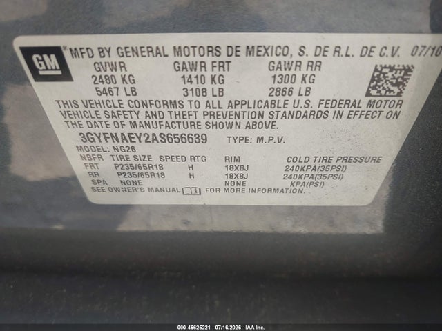 45625221 :رقم المزاد ، 3GYFNAEY2AS656639 vin ، 2010 Cadillac Srx Luxury Collection مزاد بيع