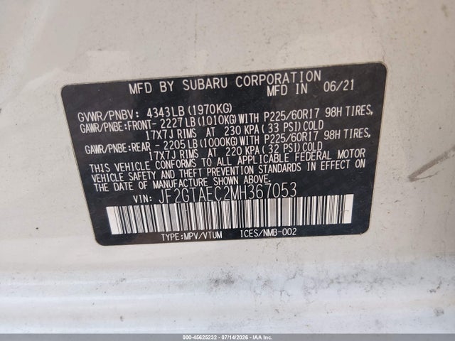 Продаж на аукціоні авто 2021 Subaru Crosstrek Premium, vin: JF2GTAEC2MH367053, номер лоту: 45625232
