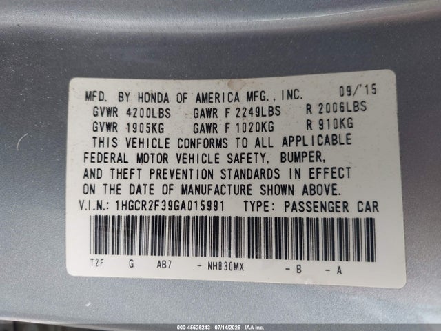 2016 Honda Accord Lx მანქანა იყიდება აუქციონზე, vin: 1HGCR2F39GA015991, აუქციონის ნომერი: 45625243