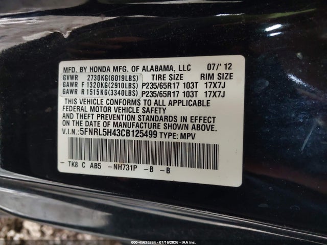 2012 Honda Odyssey Ex მანქანა იყიდება აუქციონზე, vin: 5FNRL5H43CB125499, აუქციონის ნომერი: 45625264