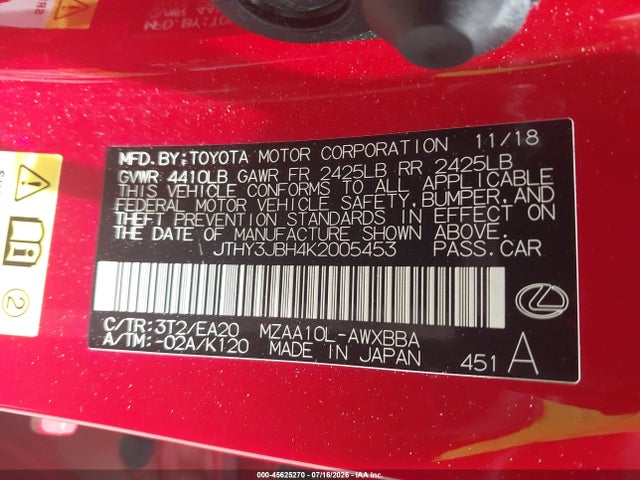 Продаж на аукціоні авто 2019 Lexus Ux 200, vin: JTHY3JBH4K2005453, номер лоту: 45625270