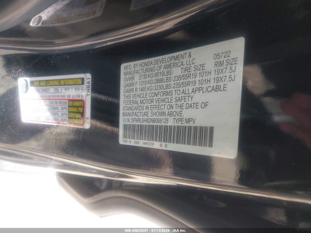 Продаж на аукціоні авто 2022 Honda Odyssey Touring, vin: 5FNRL6H82NB068126, номер лоту: 45625297