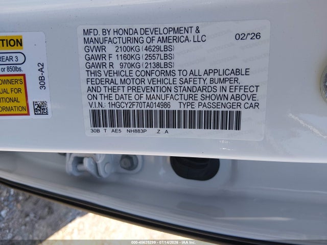 2026 Honda Accord Hybrid Sport-l მანქანა იყიდება აუქციონზე, vin: 1HGCY2F70TA014986, აუქციონის ნომერი: 45625299