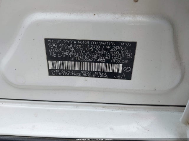 Aukcja sprzedaży 2006 Lexus Is 250, vin: JTHBK262062014953, numer aukcji: 45625300