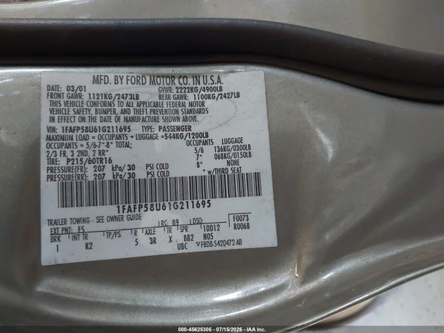 Продаж на аукціоні авто 2001 Ford Taurus Se, vin: 1FAFP58U61G211695, номер лоту: 45625305