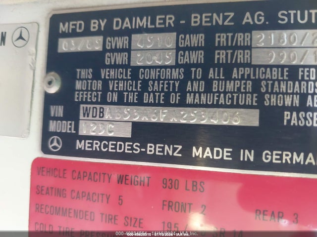 45625310 :رقم المزاد ، WDBAB53A6FA253406 vin ، 1985 Mercedes-benz 300 Cdt مزاد بيع