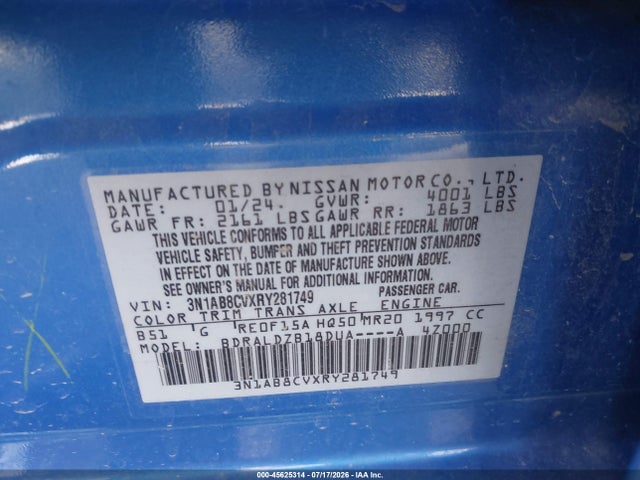2024 Nissan Sentra Sv Xtronic Cvt მანქანა იყიდება აუქციონზე, vin: 3N1AB8CVXRY281749, აუქციონის ნომერი: 45625314