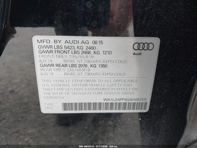 45625315 :رقم المزاد ، WA1L2AFP4GA048259 vin ، 2016 Audi Q5 2.0t Premium مزاد بيع