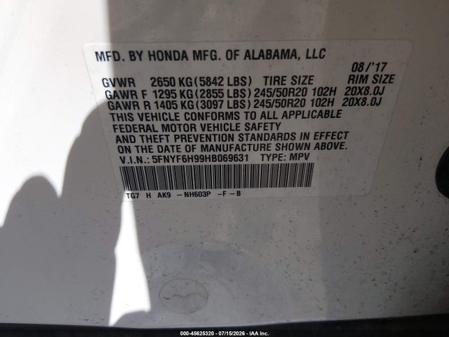 5FNYF6H99HB069631 Honda Pilot Touring