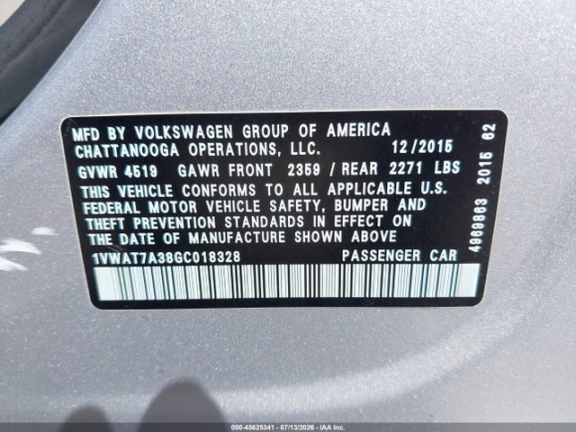 Продаж на аукціоні авто 2016 Volkswagen Passat 1.8t S, vin: 1VWAT7A38GC018328, номер лоту: 45625341