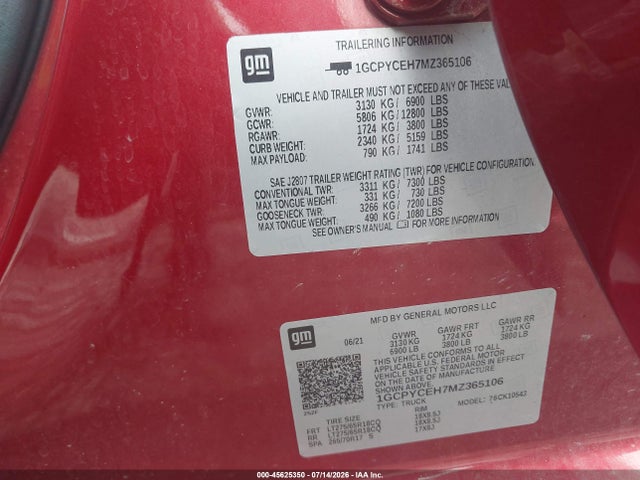 1GCPYCEH7MZ365106 Chevrolet Silverado 1500 4wd Short Bed Custom Trail Boss