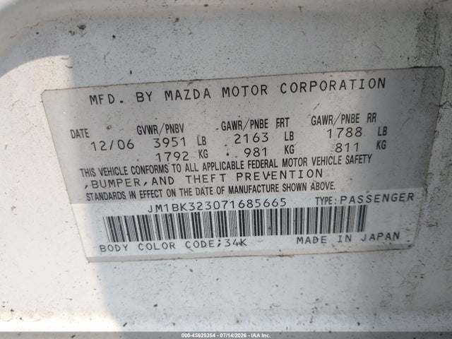 Продаж на аукціоні авто 2007 Mazda Mazda3 S Sport, vin: JM1BK323071685665, номер лоту: 45625354