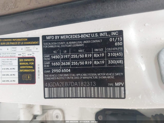 45625356 :رقم المزاد ، 4JGDA2EB7DA182313 vin ، 2013 Mercedes-benz Ml 350 Bluetec 4matic مزاد بيع