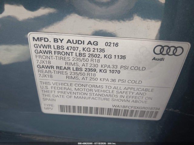 Aukcja sprzedaży 2016 Audi Q3 2.0t Premium Plus, vin: WA1BFCFSXGR018734, numer aukcji: 45625385