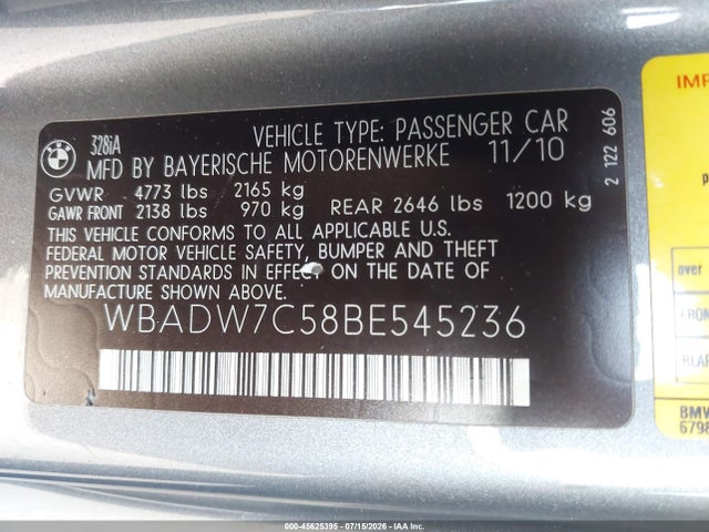 Aukcja sprzedaży 2011 Bmw 328i, vin: WBADW7C58BE545236, numer aukcji: 45625395