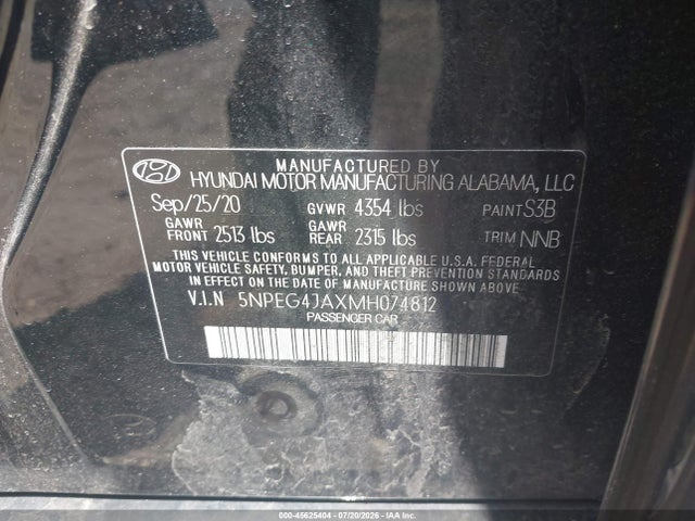 Aukcja sprzedaży 2021 Hyundai Sonata Se, vin: 5NPEG4JAXMH074812, numer aukcji: 45625404