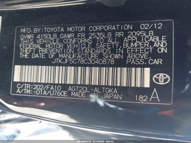 Продаж на аукціоні авто 2012 Scion Tc, vin: JTKJF5C78C3040878, номер лоту: 45625410