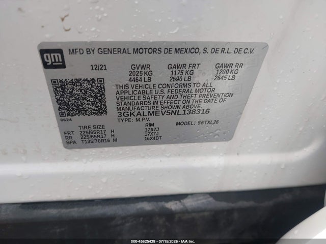 45625428 :رقم المزاد ، 3GKALMEV5NL138316 vin ، 2022 Gmc Terrain Fwd Sle مزاد بيع