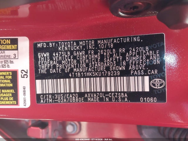 4T1B11HK5KU179239 Toyota CAMRY SE